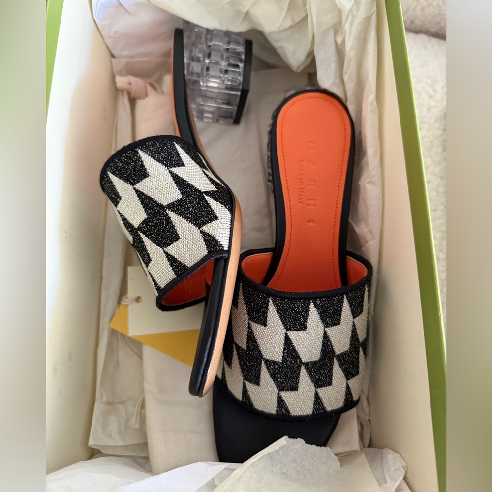 New Marni Jacquard Lurex Black and White Patterned slides, $995